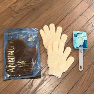 Exfoliating Gloves, Tanning Mitt, and Tweezerman Pedro Callus Stone Set